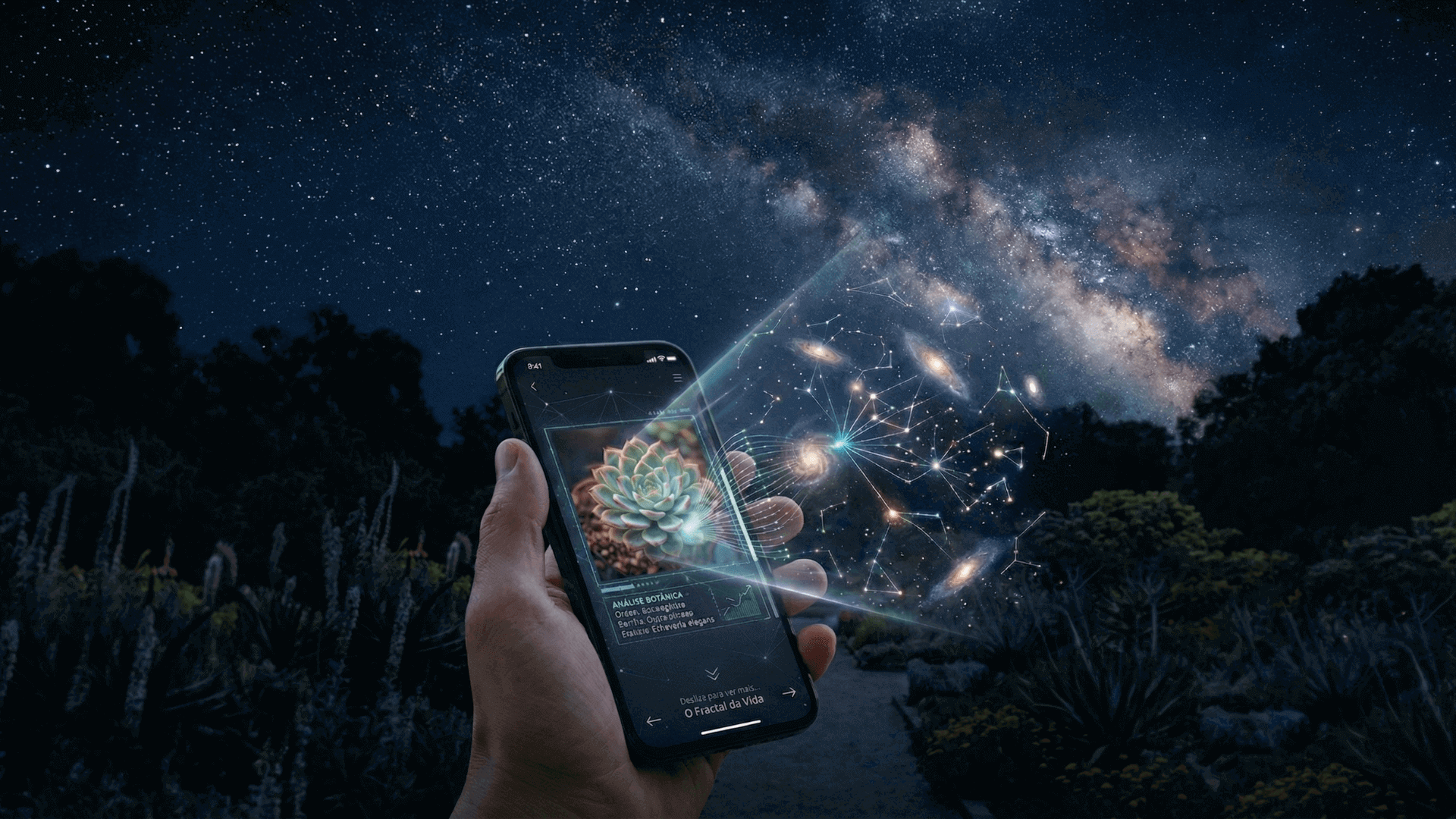 Mão segurando um celular que projeta uma constelação botânica para o cosmos